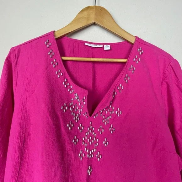 Susan Graver Pink Beaded Top 1X Roll-Tab Sleeve Casual Cotton Coastal Everyday - Picture 2 of 7